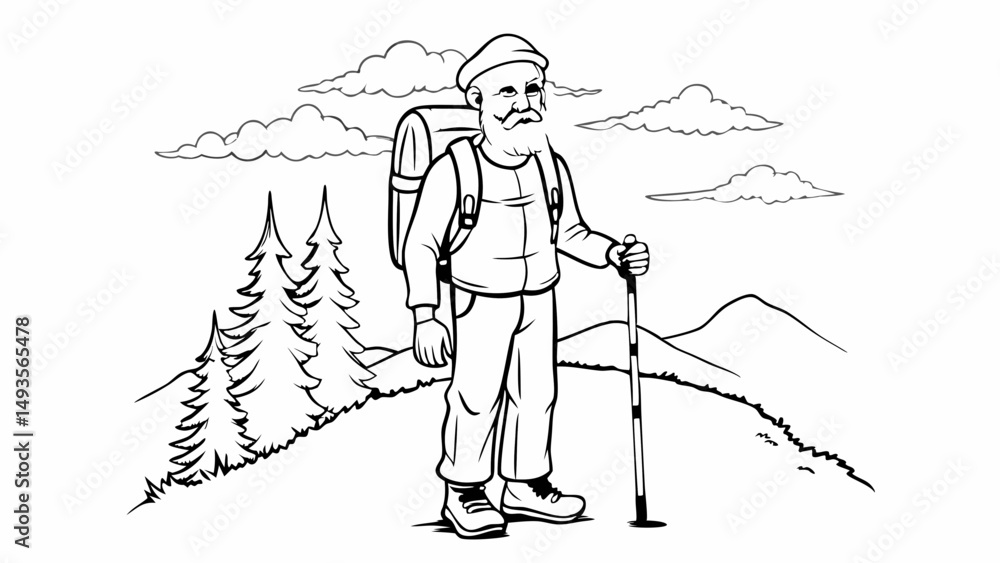 Naklejka premium Retired man hiking with excitement and exploration in a detailed line art illustration