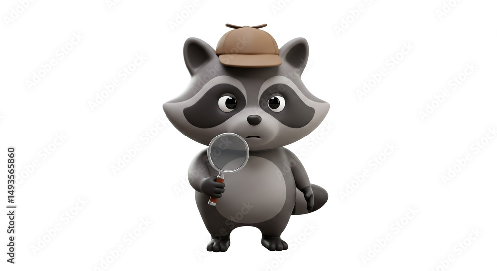 Fototapeta premium A charming cartoon raccoon detective with a magnifying glass, ready to solve a mystery.