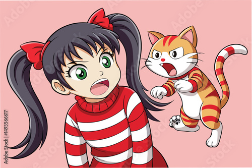 Vector illustration of a girl in a red and white striped sweater expressing surprise while her orange and white striped cat reacts angrily