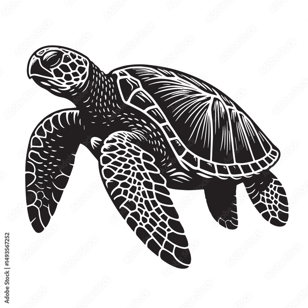 Fototapeta premium Black Color Sea Turtle Silhouette Vector Illustration, Solid White Background. minimal vector design