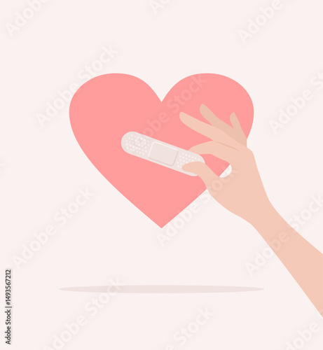 Hand putting a medical adhesive plaster on the heart. Flat vector illustration