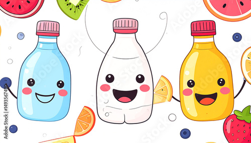 Three cheerful cartoon bottles of different flavored drinks, surrounded by happy fruit slices and berries on a white background
