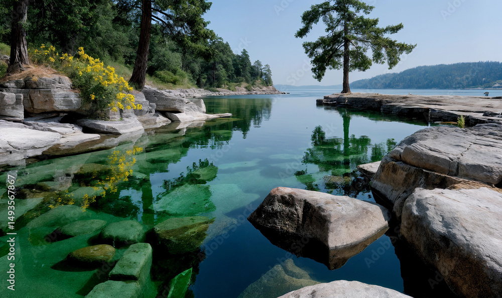 Fototapeta premium A flooded quarry with mirror-like green water in the middle of a pine forest. Mining damage and ecology concept. Landscape view for wallpaper, poster