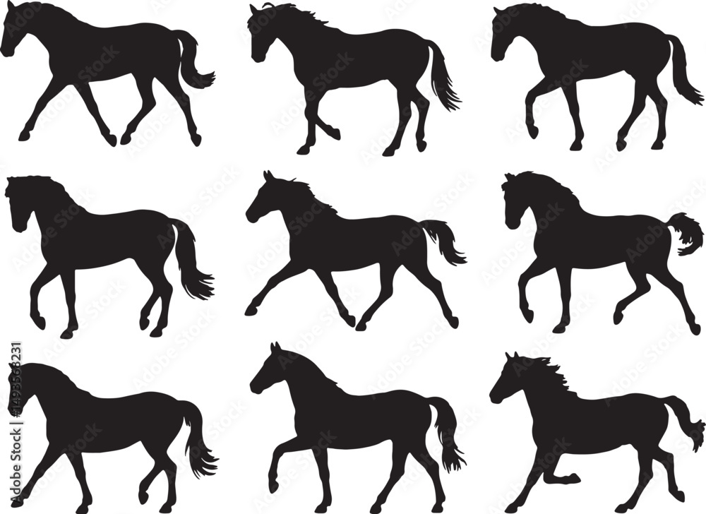 Nine silhouettes of horses in various poses Nine silhouettes of horses in various poses
