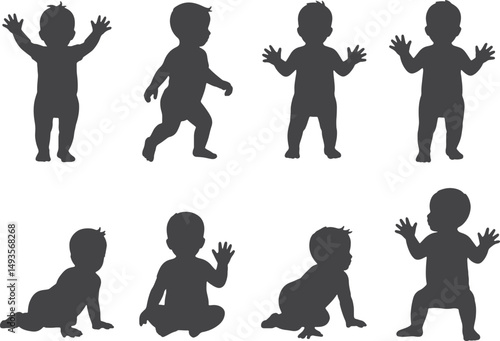 Baby silhouettes various poses infant development stages