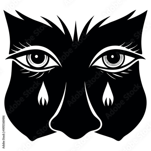 Abstract Mask of Emotion: A striking black and white illustration presents a stylized mask, capturing the essence of profound sadness through expressive eyes and tear drops.