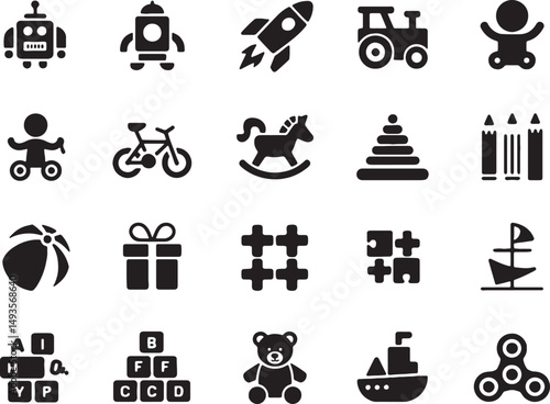 Collection of black and white childrens toys icons