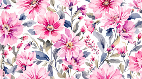 Watercolor seamless pattern featuring hand painted pink flowers including peony