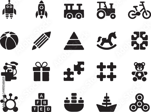 Collection of black silhouettes of children's toys