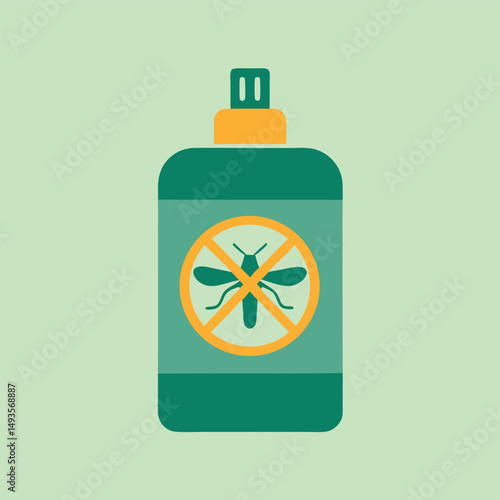 Vector illustration of mosquito repellent bottle with insect symbol on a light green background