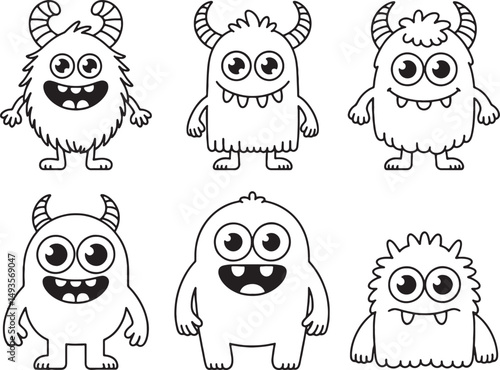 Six cute cartoon monsters line art coloring page