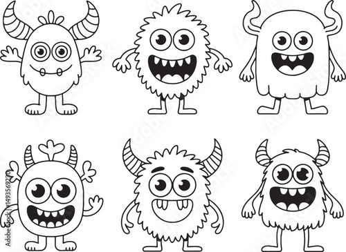 Six cute cartoon monsters coloring page design