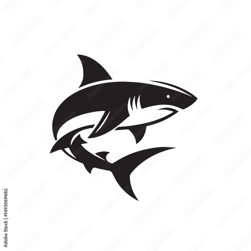 Fototapeta premium Black Color Shark Silhouette Vector Illustration, Solid White Background. minimal vector design