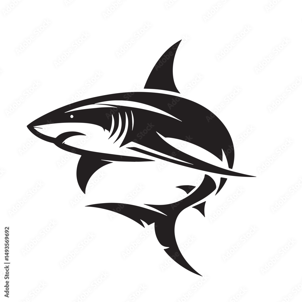 Obraz premium Black Color Shark Silhouette Vector Illustration, Solid White Background. minimal vector design