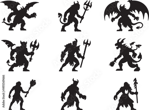 Nine fantasy monster silhouettes weaponry demons