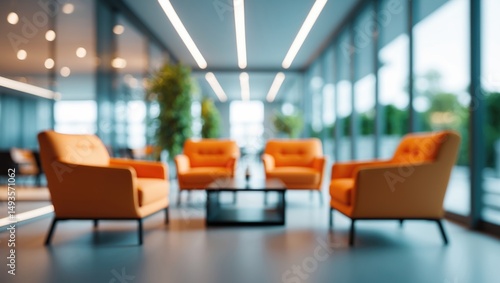 Wallpaper Mural Blurred background of a contemporary office lounge, modern business interior design, soft focus on a corporate waiting area, abstract workspace, bright office panorama Torontodigital.ca