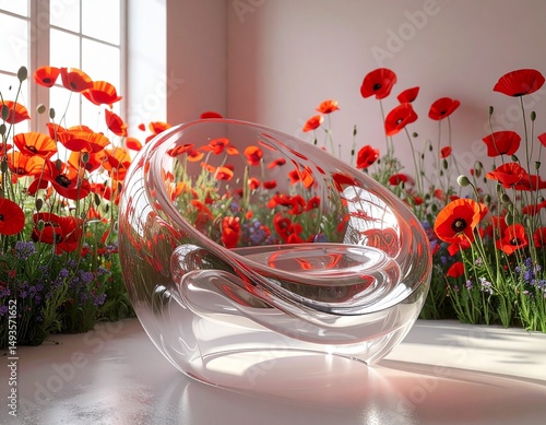 3D glass comfort, round, amorphous, futuristic, surrounded by poppies, in an interior studio