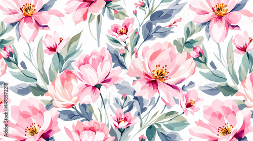 Watercolor seamless pattern featuring hand painted pink flowers including rose peony