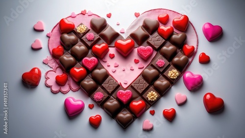 Valentine's Day themed chocolate border. Featuring red and pink hearts. Overhead view on a banner with room for writing.