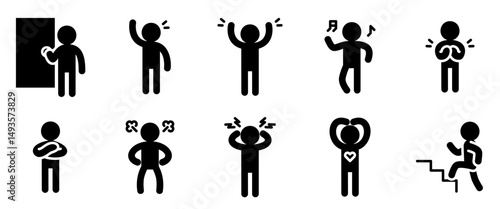 Human Action Icons. Outline Glyph Vector Set of Love gesture, Exercising, Clapping, Dancing, and More