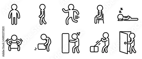 Human Action Icons. Outline Vector Set of Walking, Sitting, Running, Lifting, and More