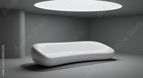 Futuristic White Sofa in Minimalist Interior Technological Integration and Serene Design with Monochrome Color Scheme and Subtle Lighting Creating a Quiet Ambience