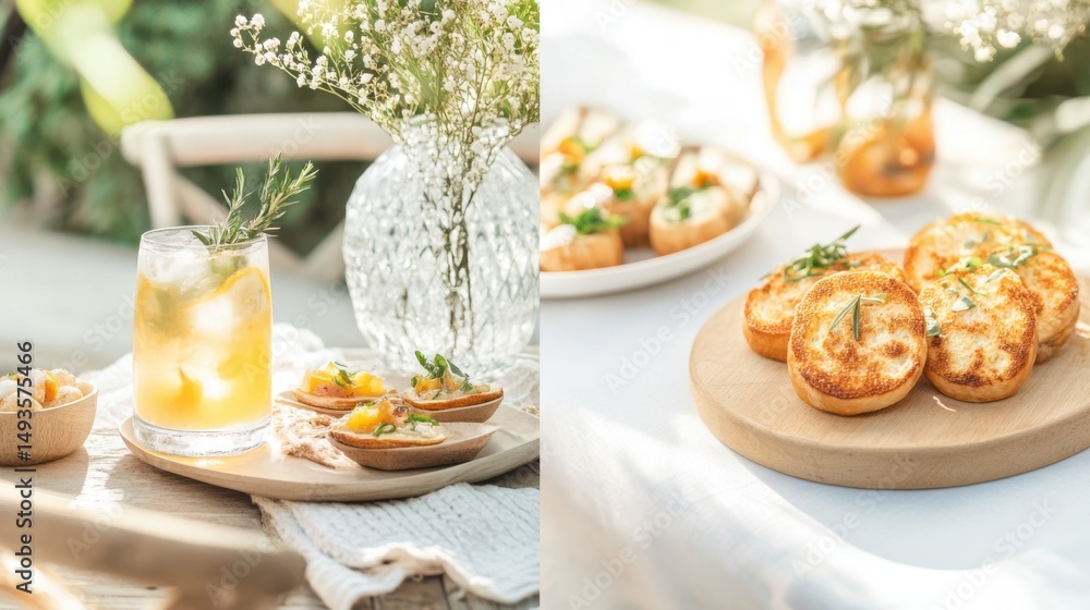 Summer brunch scene with artisan crostini and spritz cocktail in cozy countryside mood. Summer brunch scene with artisan crostini and spritz cocktail in cozy countryside mood.