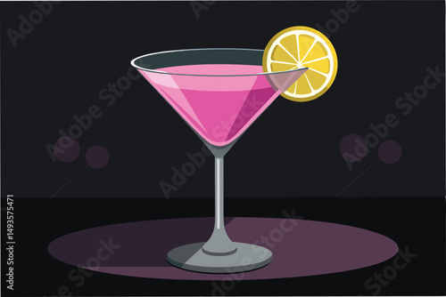 Colorful vector illustration of a pink cocktail in a glass with a lemon slice on a dark background perfect for party themes and beverage menus