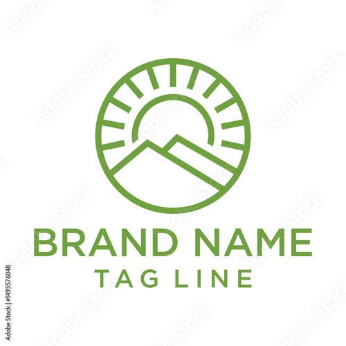 Abstract green logo featuring stylized mountains and a rising or setting sun within a circle. Clean and modern design evoking nature, outdoors, or growth. Suitable for travel, environmental, or wellne