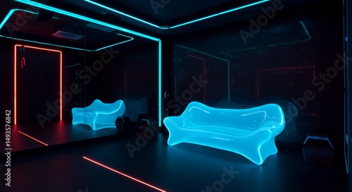 Futuristic Gym Recovery Room with Electric Blue Neon Sofa Radiating Energy and Optimism in Bold Color Style Interior Design