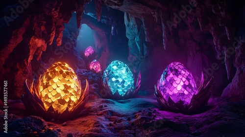 Neon cave interior displaying glowing dragon eggs.