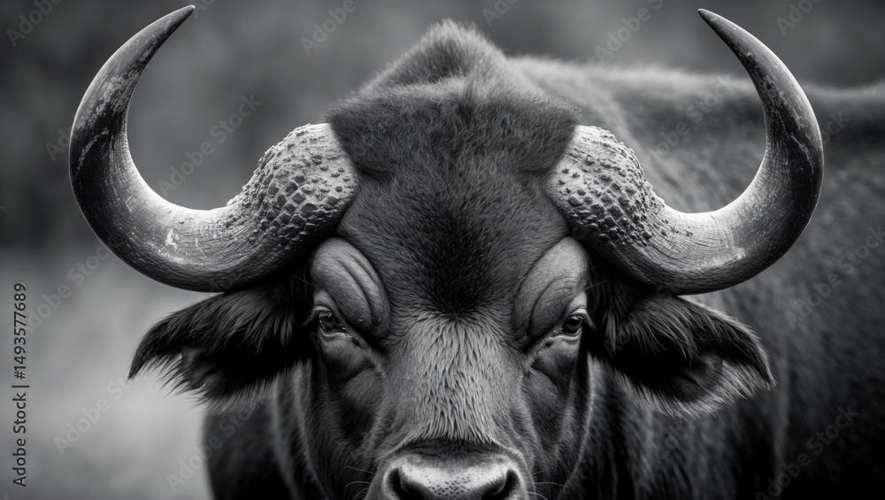 Naklejka premium Close-up view of a buffalo head and its horns in monochrome