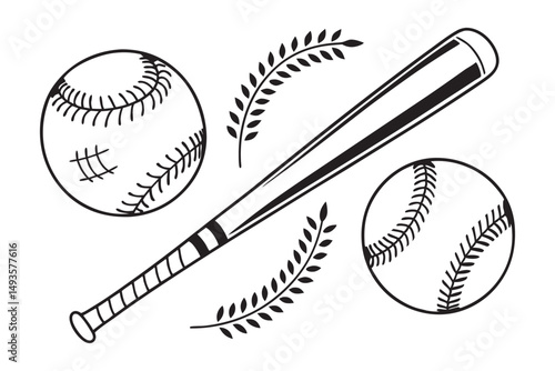 Isolated leather baseball and bat, essential equipment for the sport