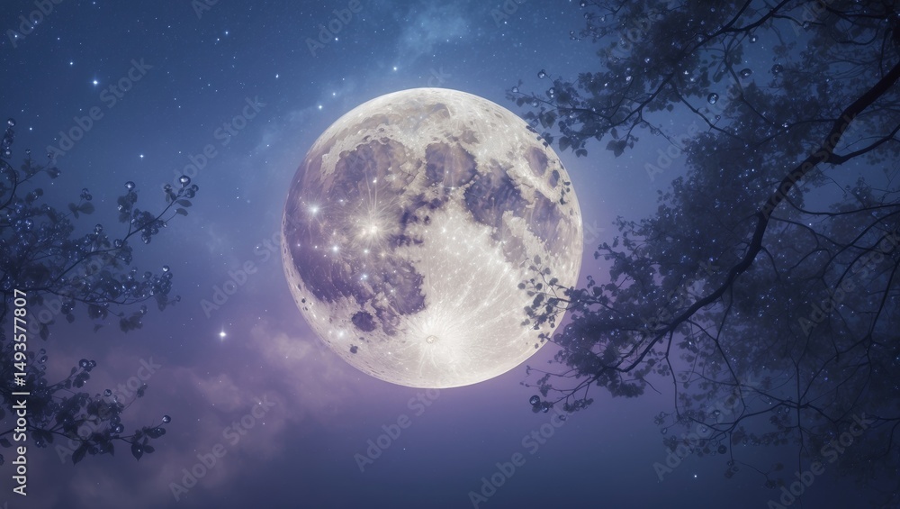 Fototapeta premium A blue, lavender, and purple moon accompanied by a tree shadow before a starry night and autumn precipitation.