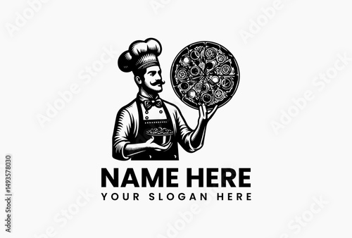 Stylized black chef logo with tall hat holding generously topped pizza vector illustration. Artisan pizzeria branding  