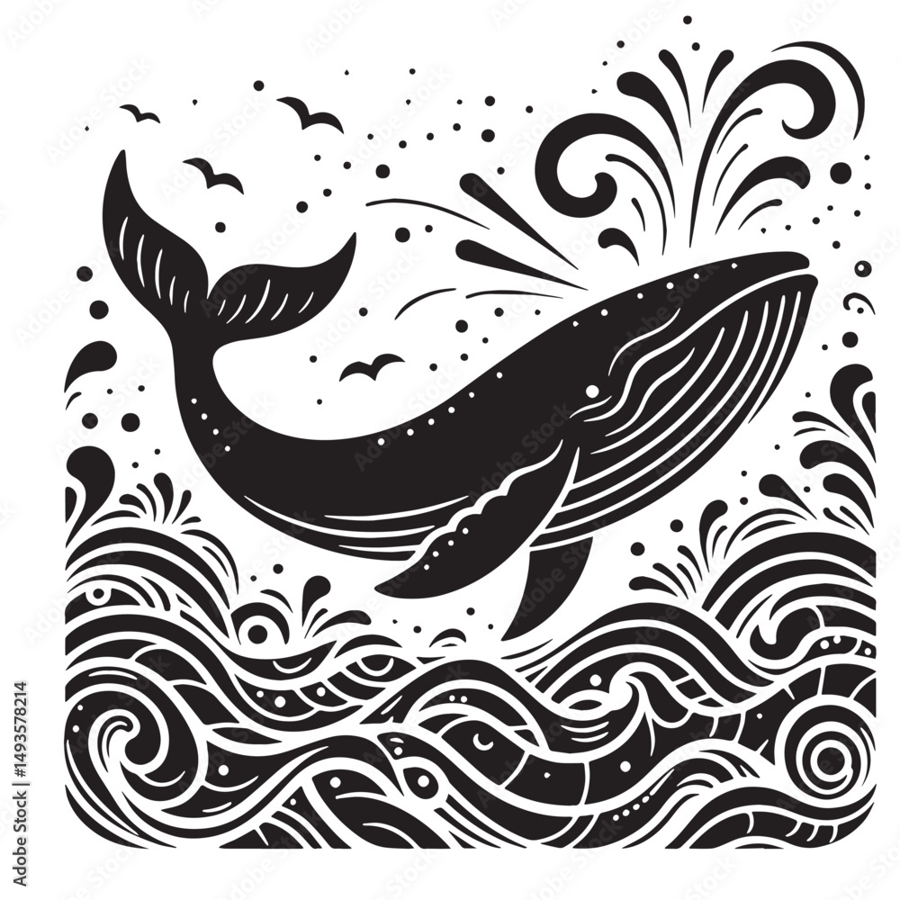 Fototapeta premium Black Color Whale Silhouette Vector Illustration, Solid White Background. minimal vector design