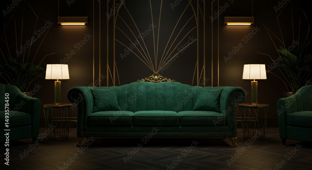 Fototapeta premium Emerald Green Velvet Sofa in Dimly Lit Hotel Lobby with Art Deco Details