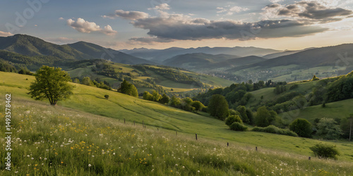 Panorama of Romanian countryside with rolling hills and spring sunlight.