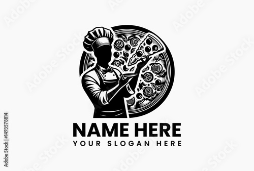 Stylized black chef logo with tall hat holding generously topped pizza vector illustration. Artisan pizzeria branding  
