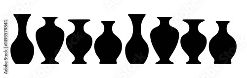Collection of eight black silhouetted vases on white background