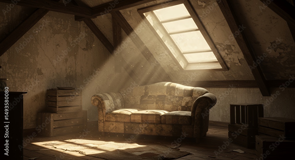 Fototapeta premium Dilapidated Sundrenched Attic Bedroom with Worn Patchwork Sofa in Sepia Tones