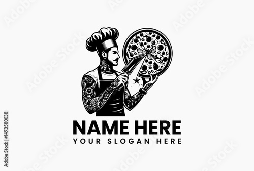 Stylized black chef logo with tall hat holding generously topped pizza vector illustration. Artisan pizzeria branding  