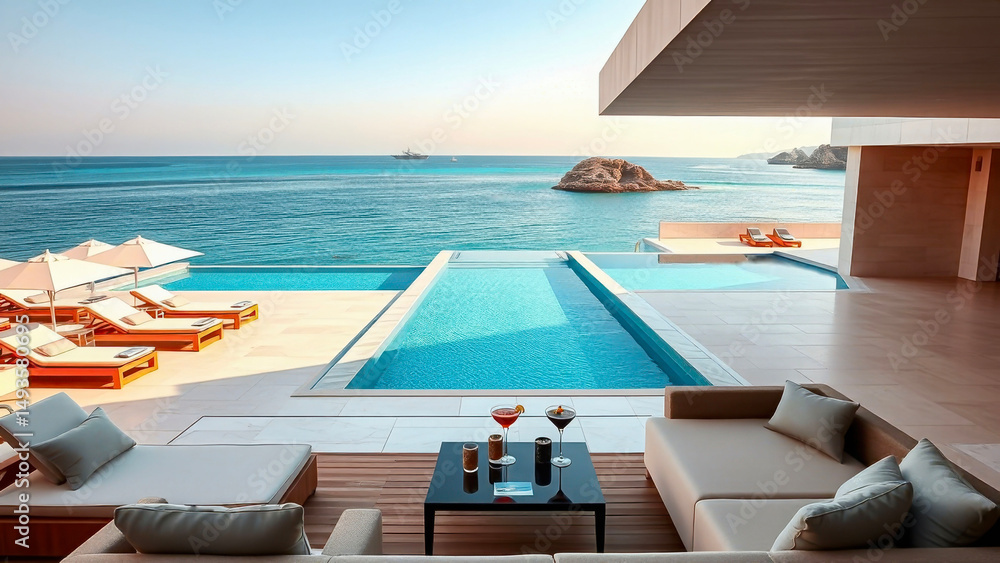 Fototapeta premium Sofa and sun loungers against the backdrop of a panoramic pool against the backdrop of the sea. Tourism and travel concept.