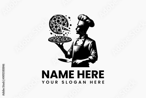 Stylized black chef logo with tall hat holding generously topped pizza vector illustration. Artisan pizzeria branding  