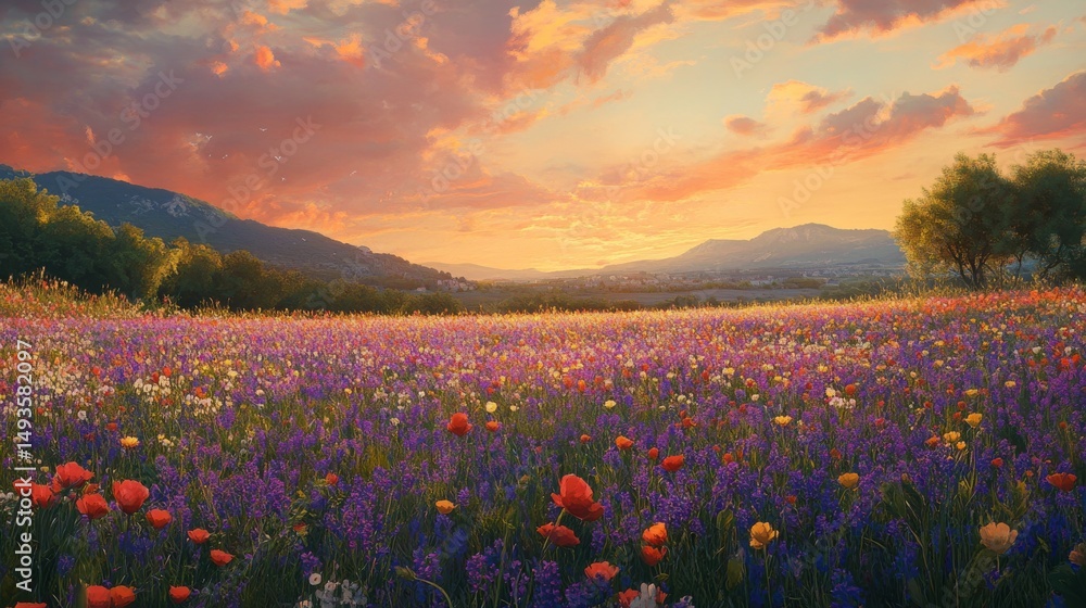 Fototapeta premium A pretty flower scene with lots of colors. A lovely wide view of blooming flowers in France at sunset. The field of purple flowers in Provence, France looks amazing in the summer. 