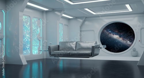 Futuristic Floating Sofa in a Spaceage Waiting Room with Metallic Colors and Galaxy View