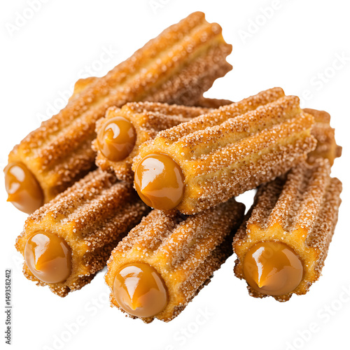 Mini churros filled with dulce de leche, sprinkled with sugar and cinnamon, isolated