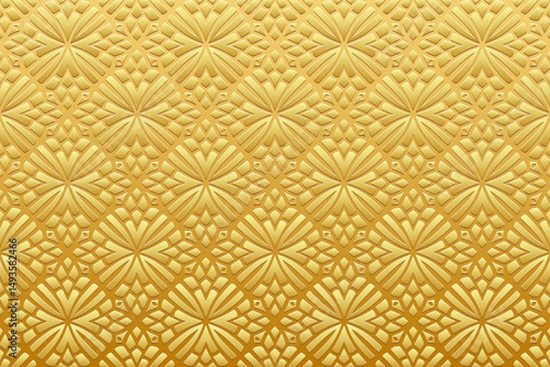 Ethnic gold background, cover design, banner, wallpaper. Geometric artistic gold 3D pattern. Relief ornaments, arabesques, mandala of the East, Asia, India, Mexico, Aztec, Peru in boho style
