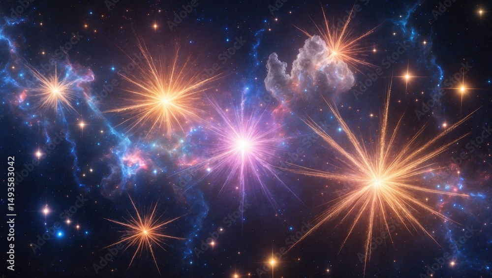 Fototapeta premium Stars release elements. A white background highlights the blazing stars.