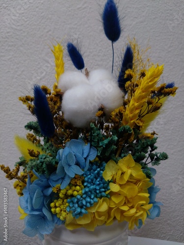 bouquet of blue and yellow flowers
